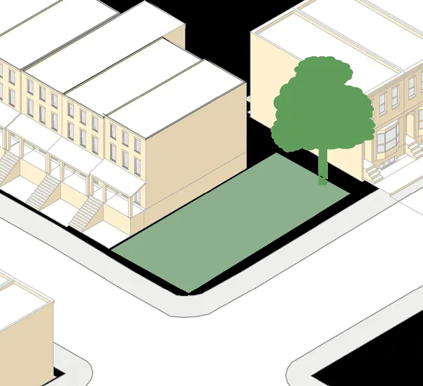 Isometric illustration of a corner vacant lot: a rectangular gap at the end of a residential block, facing two streets, shown in green with a single tree.