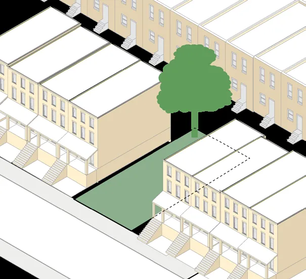 Isometric illustration of a mid-block vacant lot: a narrow rectangular gap between two rowhome buildings on a residential block, shown in green with a single tree.