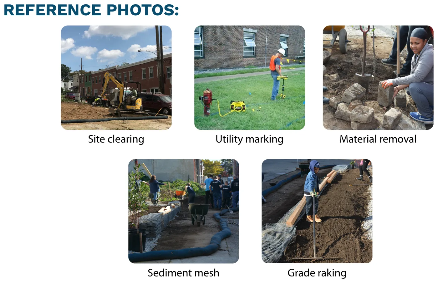 Reference photos for preparing the lot: an excavator clearing a site, a utility locate flag and tracer wire on a lawn, volunteers removing masonry rubble, erosion-control sediment mesh along a curb, and a volunteer grade-raking soil