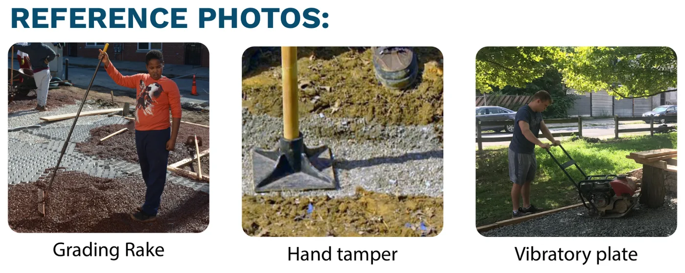 Reference photos for installing the gravel surface: a landscape grading rake, a hand tamper on packed gravel, and a volunteer running a gas-powered vibratory plate compactor