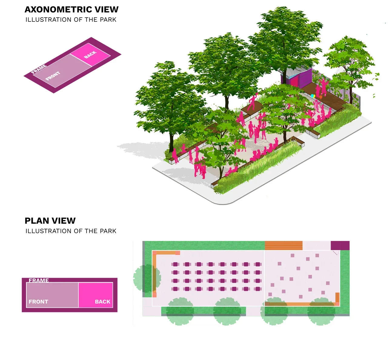 Event theme: 3D and plan-view illustrations of the park, with the frame/front/back pieces shown in the theme's color