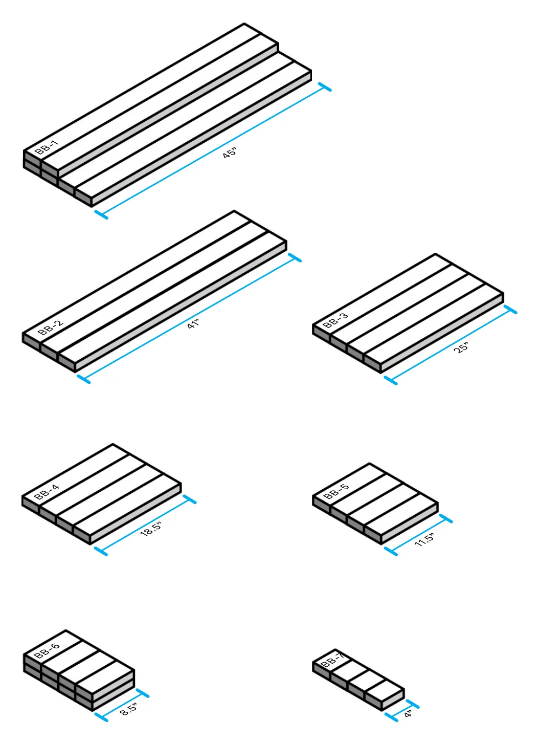 Isometric diagram of the seven BENCH + BACK cut pieces BB-1 through BB-7 with their lengths labeled, from 45" boards down to 4" blocks.