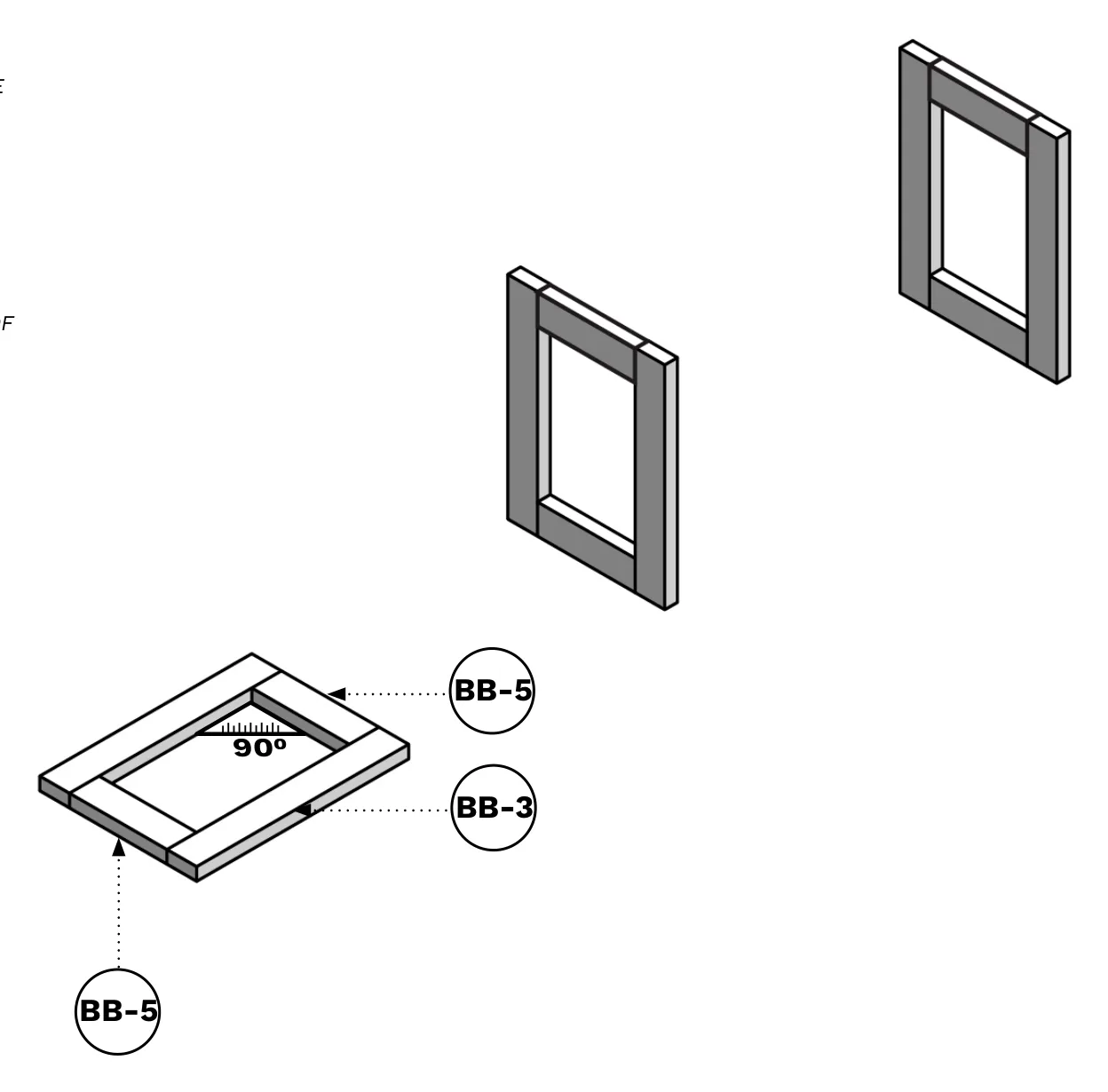 Diagram showing two BB-3 and two BB-5 boards assembled into a square end frame, with a second frame shown complete behind it.