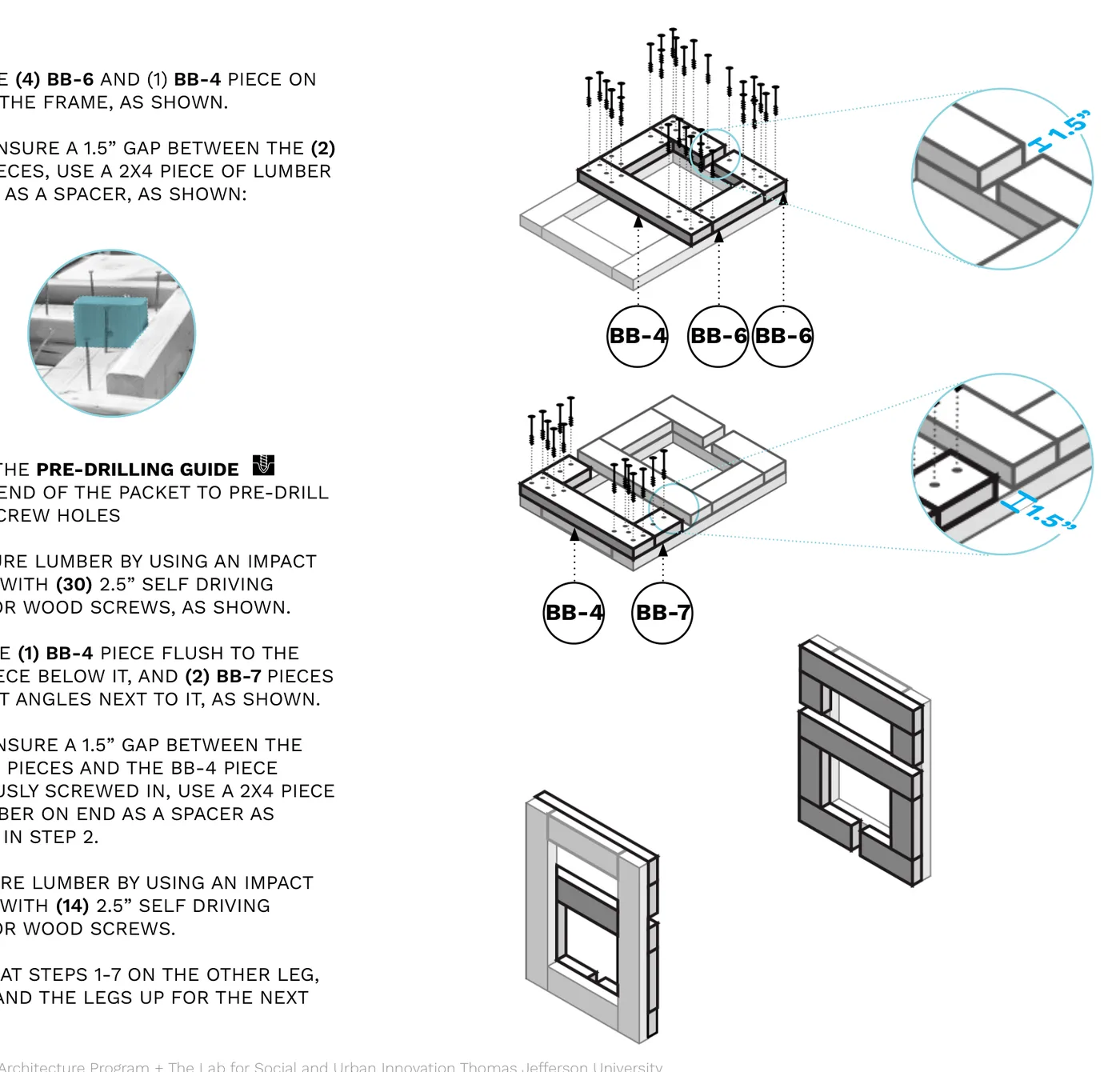 Diagram of BB-6, BB-4 and BB-7 boards being screwed onto the top and side of each end frame, with a 1.5" spacer gap called out.