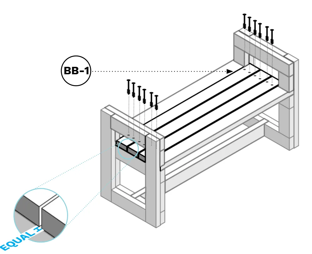 Diagram of three more BB-1 boards forming the bench seat top, screwed in at an angle with an equal 1" gap between boards.