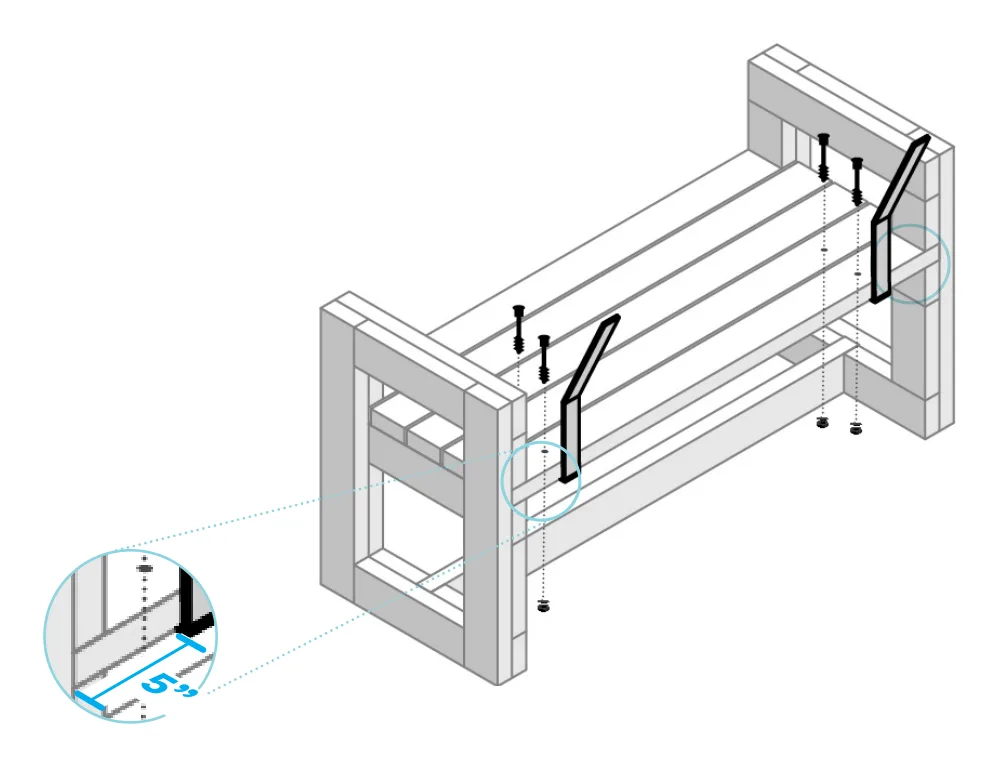 Diagram of two backrest brackets bolted to the underside of the seat boards, 5" in from each end.
