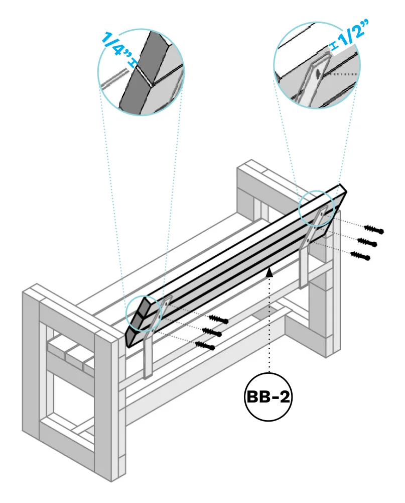 Diagram of three BB-2 back-slat boards bolted to the backrest brackets with a 1/4" gap between each board.