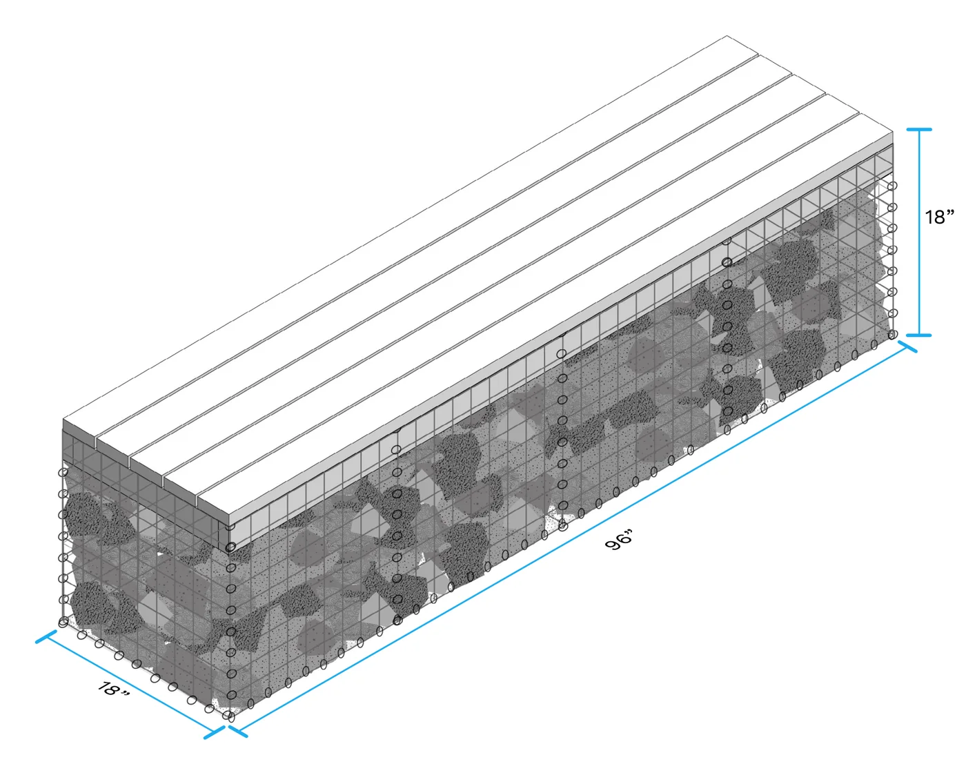 8' Wood-Topped Gabion Bench, assembled