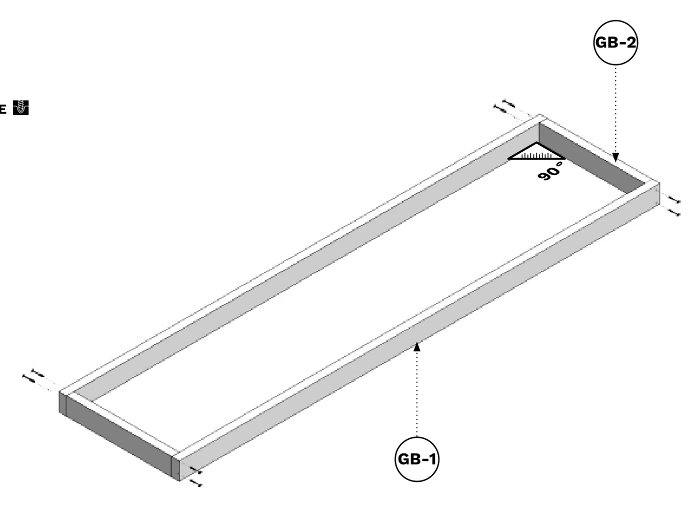 Diagram of two long GB-1 rails and two short GB-2 end caps screwed together into a rectangular frame.