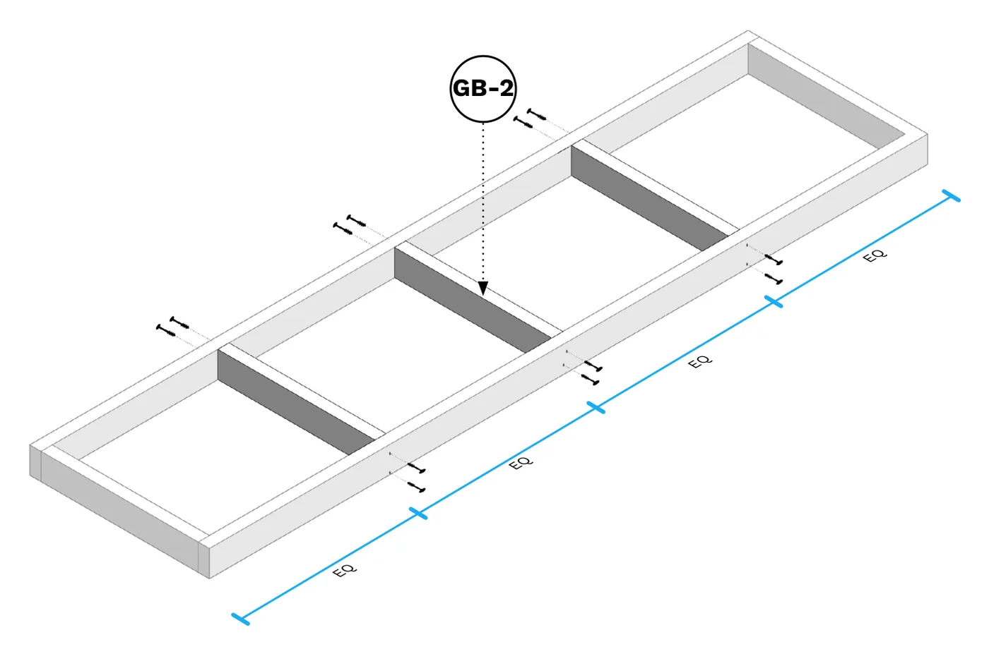 Diagram of three additional GB-2 cross braces being added at the middle and quarter points of the long frame.