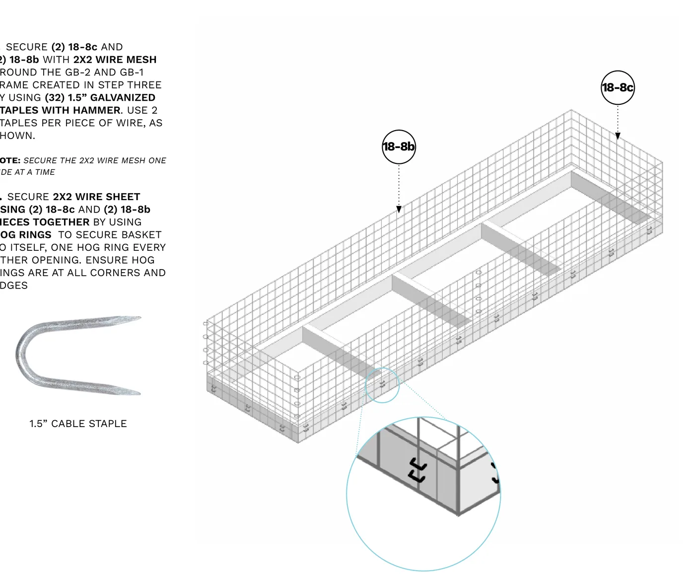 Diagram of 18-8c and 18-8b wire mesh panels being stapled around the wood frame and hog-ringed together at the corners.
