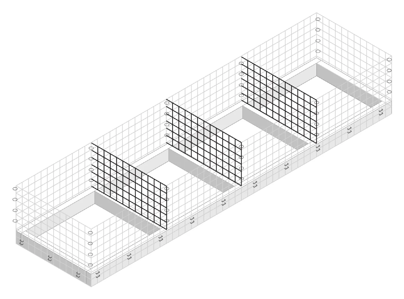 Diagram of a wire mesh brace being hog-ringed in place below the center frame piece.