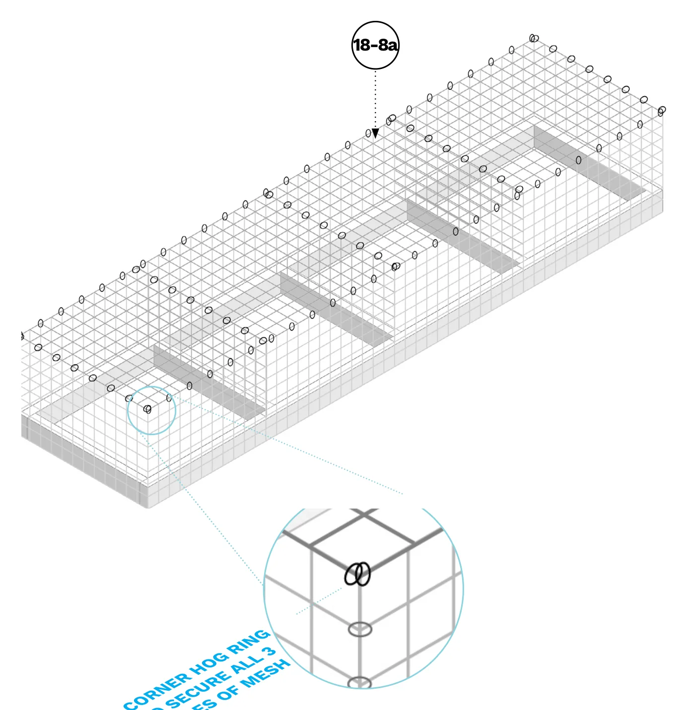 Diagram of the 18-8a wire mesh panel being hog-ringed onto the basket, with a close-up of a corner hog ring securing all three mesh pieces.