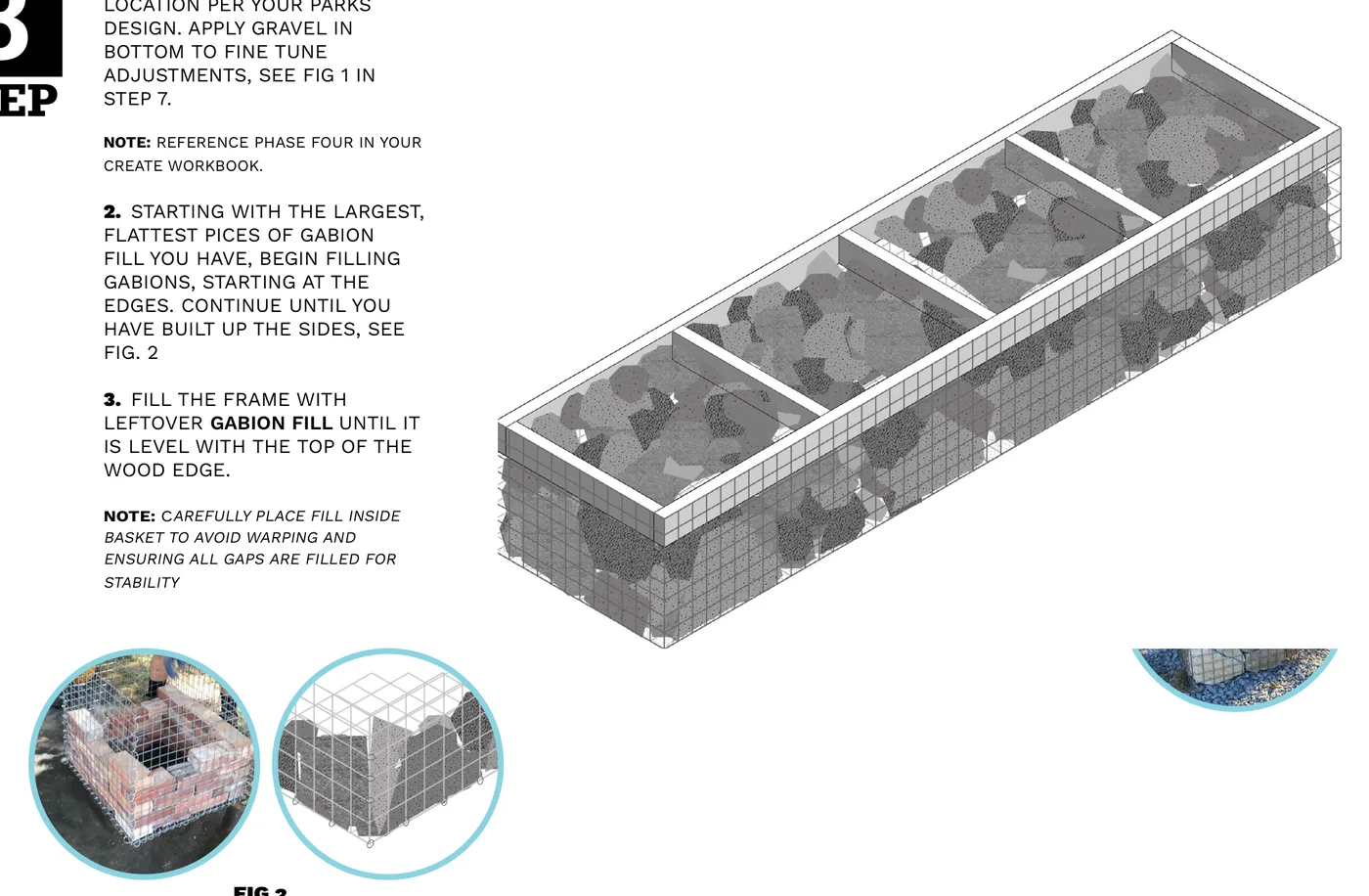 Diagram and reference photos of a gabion basket being filled with stone, starting with large flat pieces along the edges.