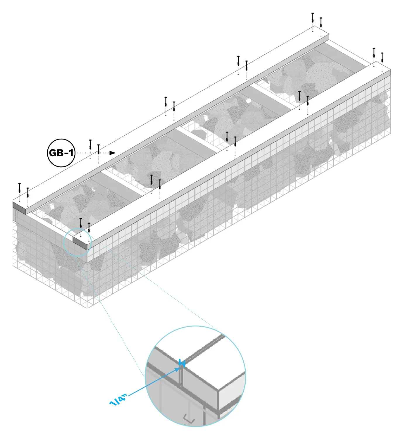 Diagram of the first two GB-1 top boards being screwed flush onto each end of the filled gabion basket.
