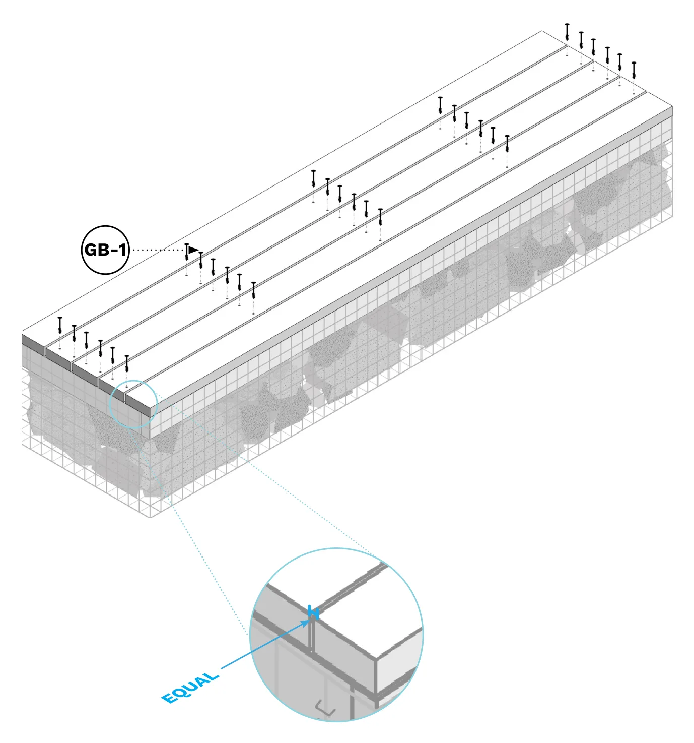 Diagram of the remaining GB-1 wood top boards being spaced equally and screwed onto the filled gabion basket.