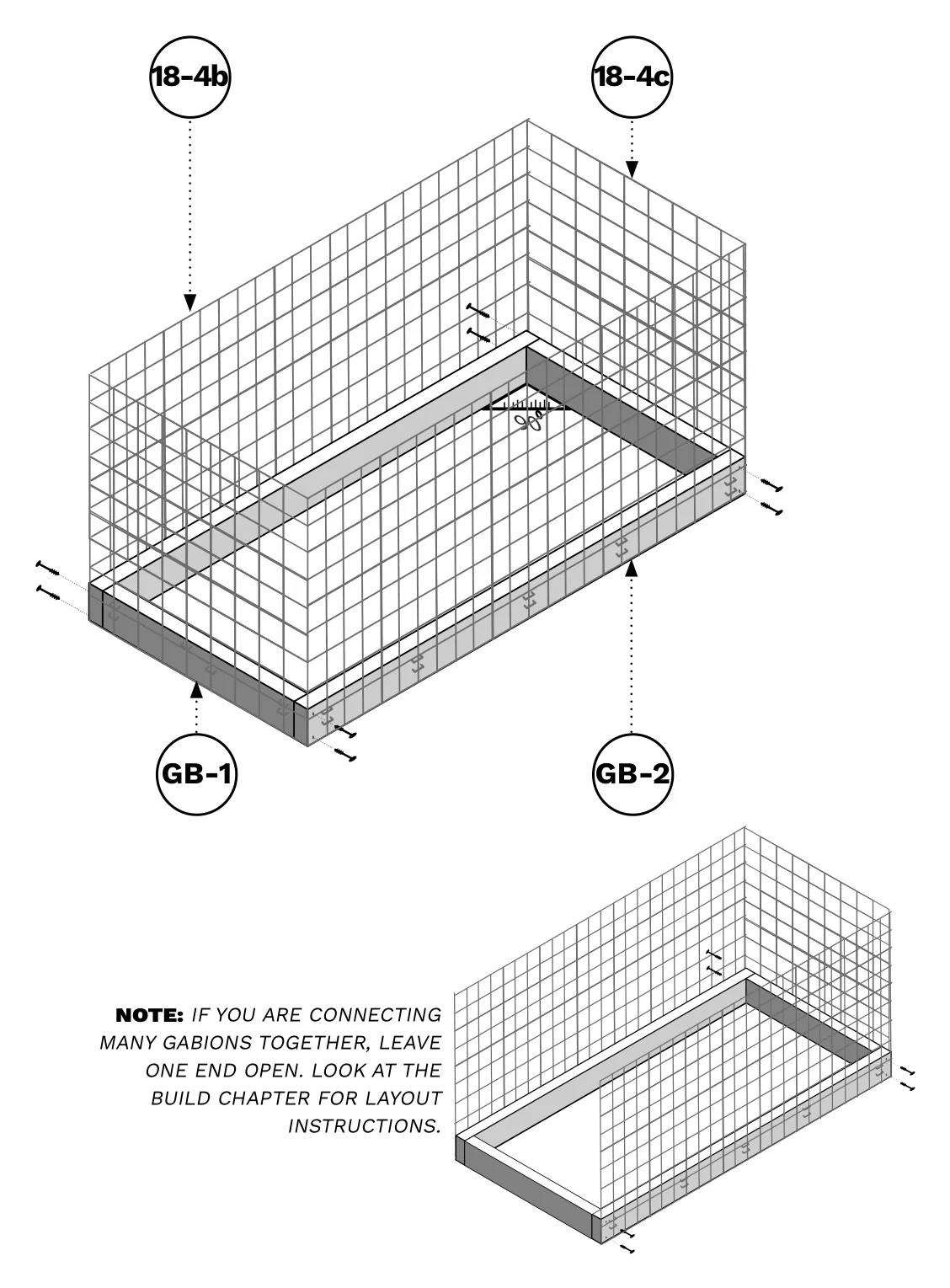 Diagram of two GB-1 end pieces and two GB-2 side pieces screwed together into a rectangular frame.