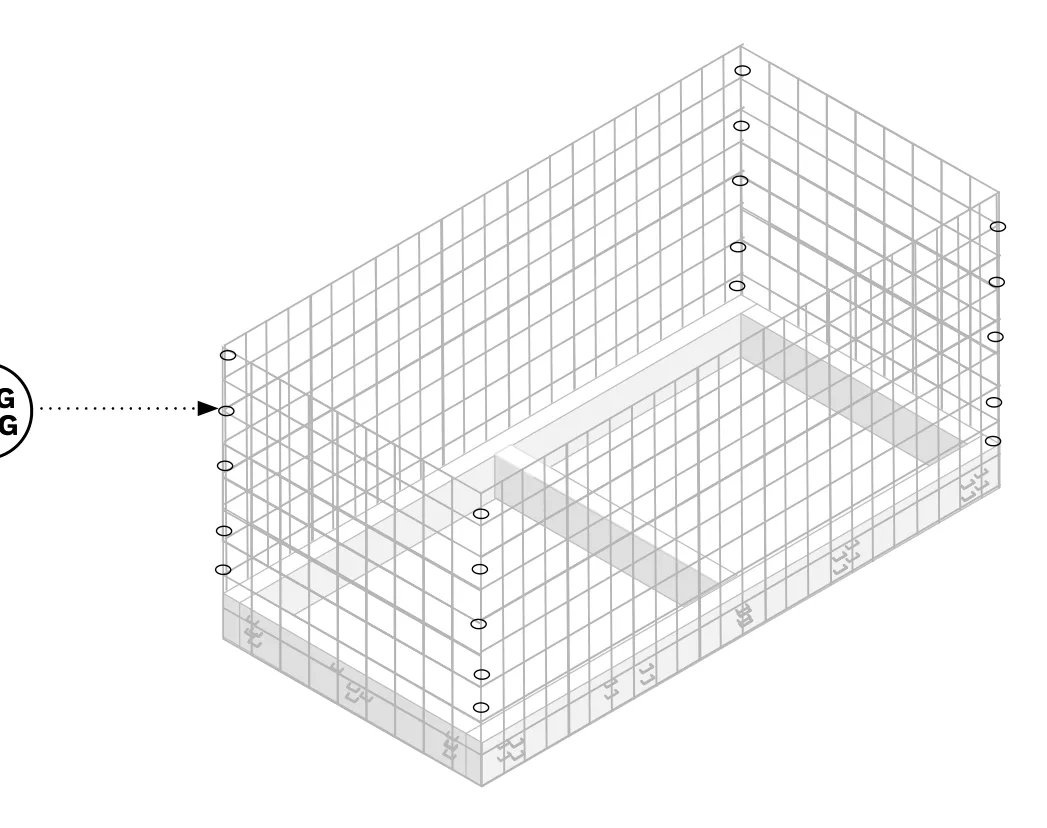Diagram of hog rings closing the corner seams of the wire mesh basket, with a close-up of a hog ring joining two mesh edges.