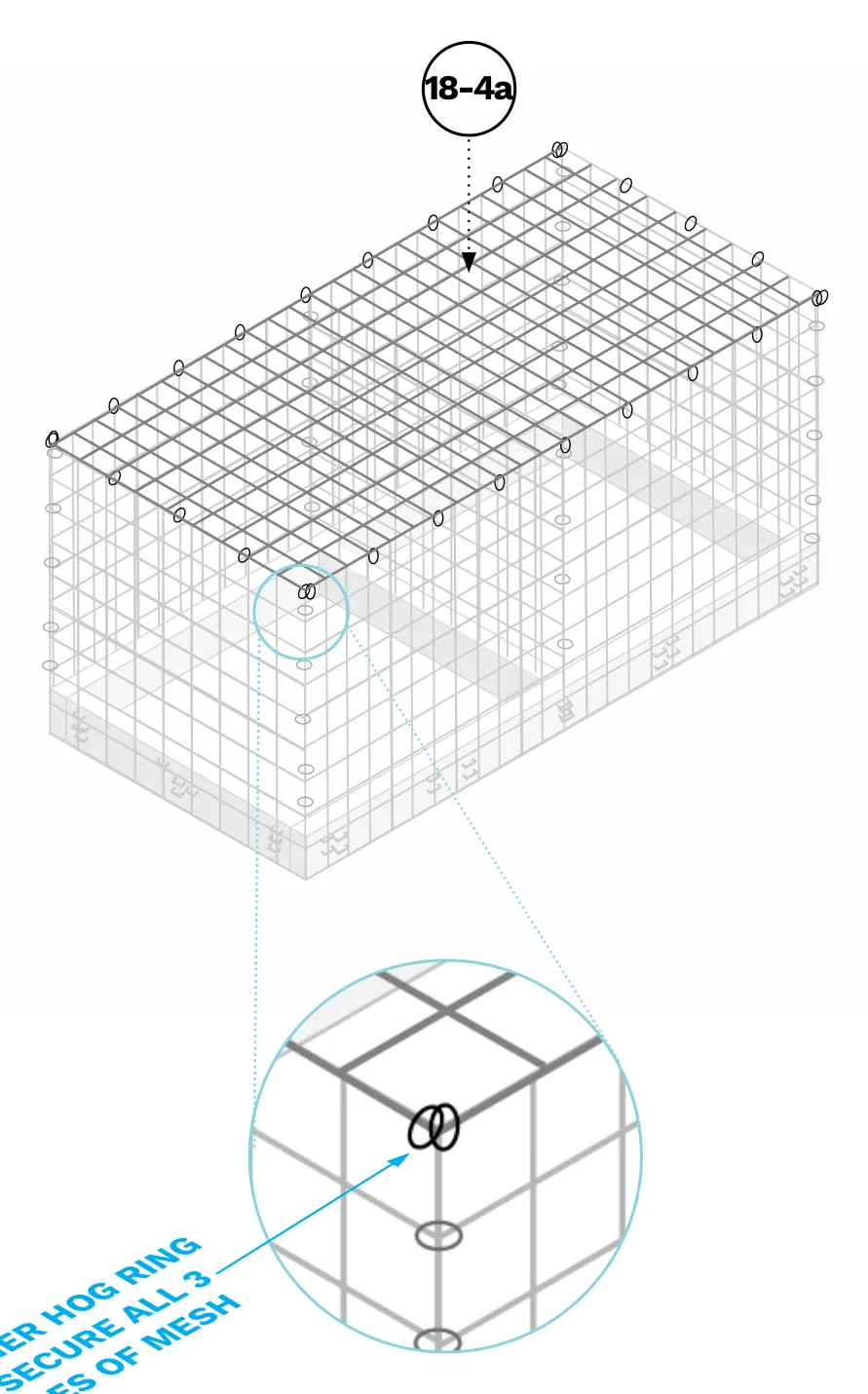 Diagram of the 18-4a top wire mesh panel being hog-ringed onto the basket, with a close-up of a corner hog ring securing all three mesh pieces.