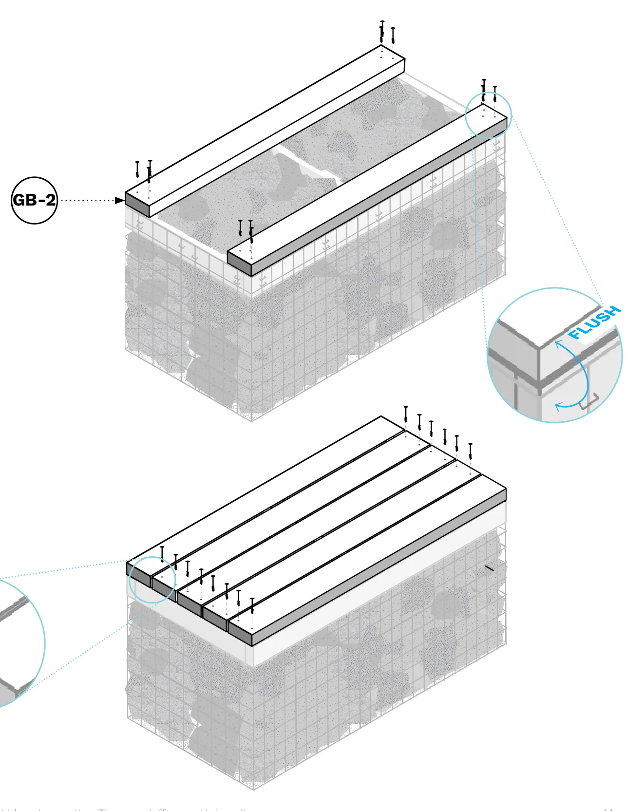 Diagram of five GB-2 wood top boards being screwed onto the filled gabion basket, evenly spaced.