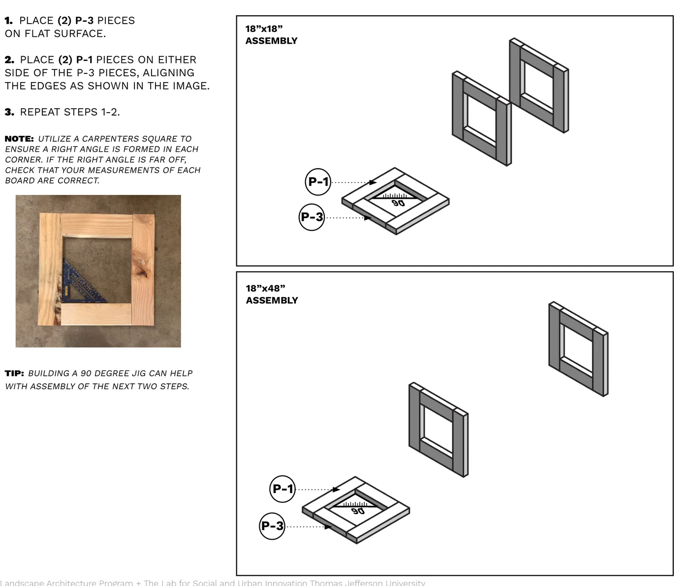 Diagram showing two P-1 and two P-3 boards assembled into a square end frame, for both the 18"x18" and 18"x48" box.