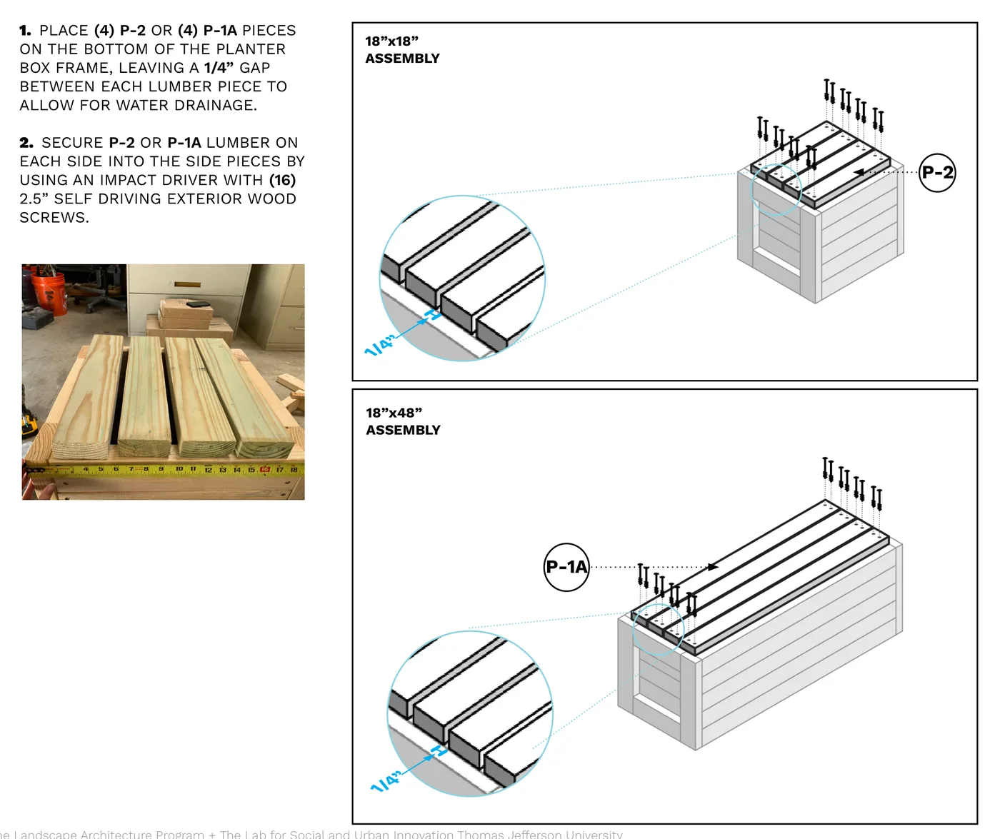Diagram of P-2 or P-1A boards forming the planter's slatted bottom, with a 1/4" drainage gap between each board.