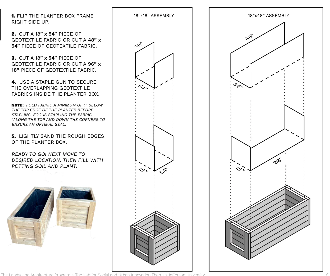 Diagram of two overlapping geotextile fabric pieces being stapled inside the planter box, shown for both box sizes.