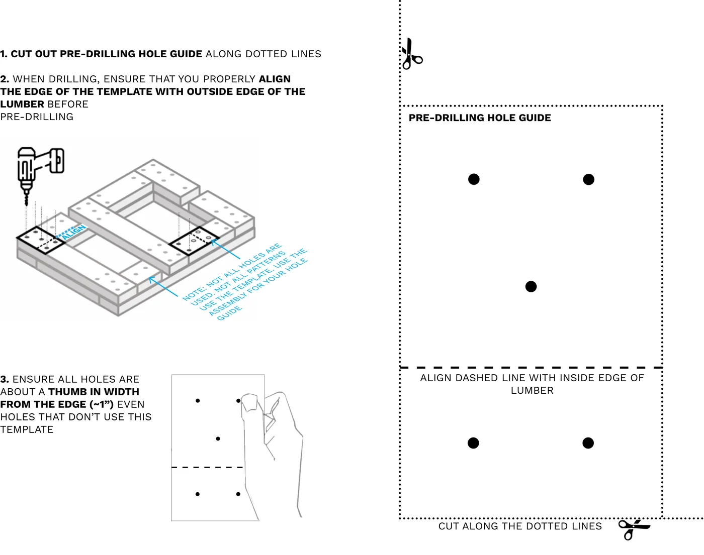 A printable pre-drilling hole guide template with five marked hole positions and cut lines, plus a close-up showing hole spacing from the board edge.