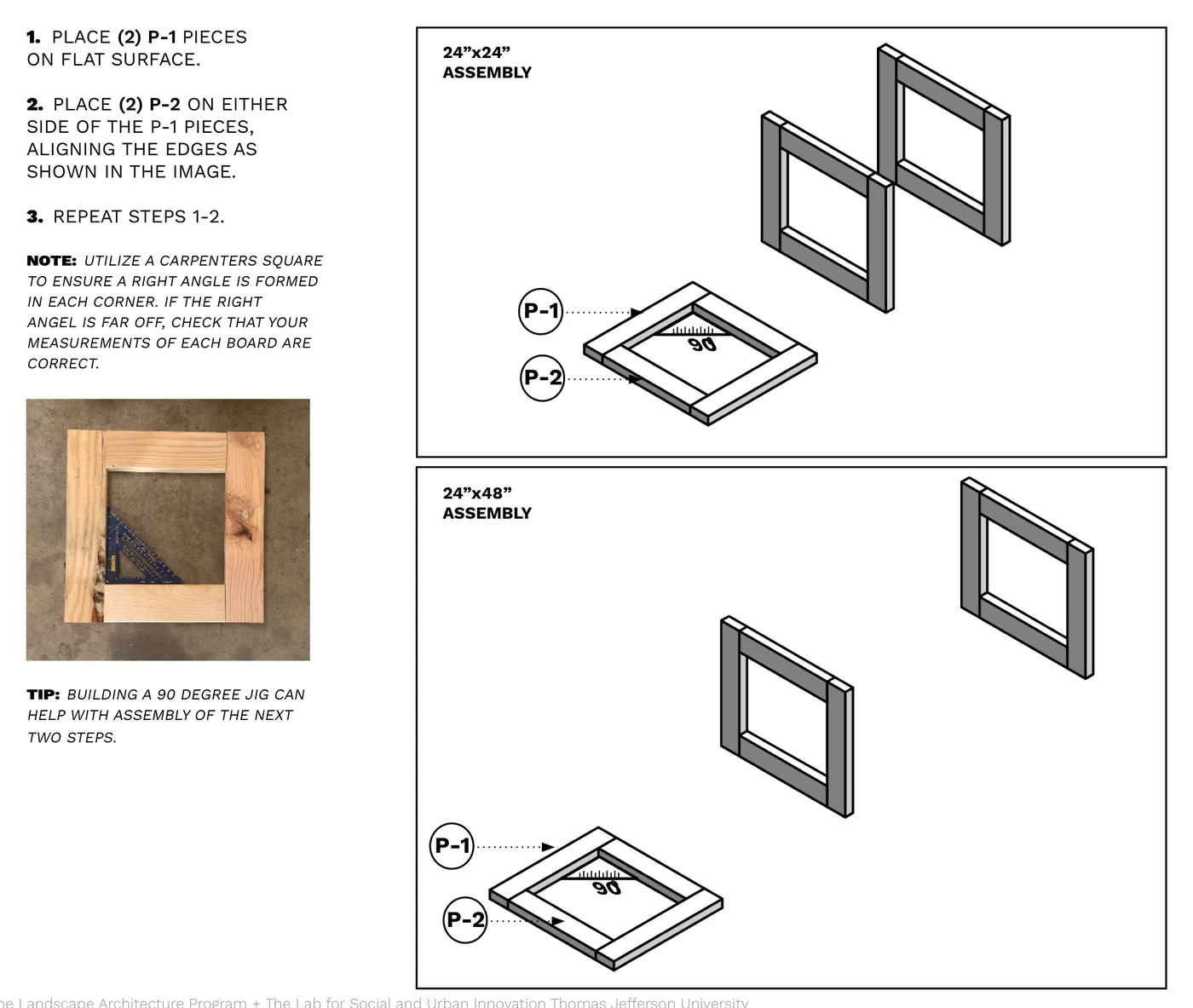Diagram showing two P-1 and two P-2 boards assembled into a square end frame, for both the 24"x24" and 24"x48" box.