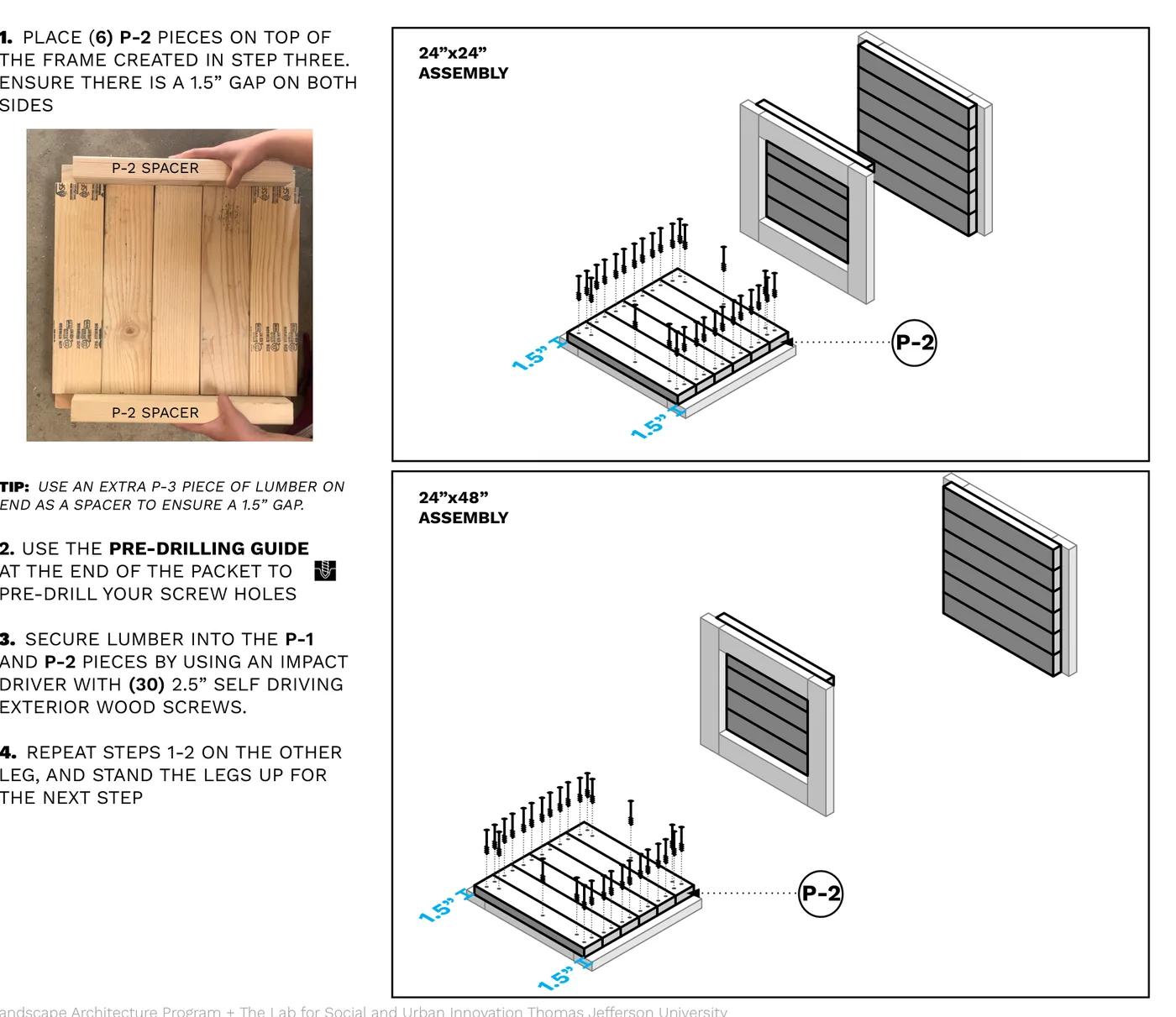 Diagram of six boards being screwed onto each end frame with a 1.5" gap on both sides (the drawing's P-2 label points at the frame), shown for both the 24"x24" and 24"x48" box.