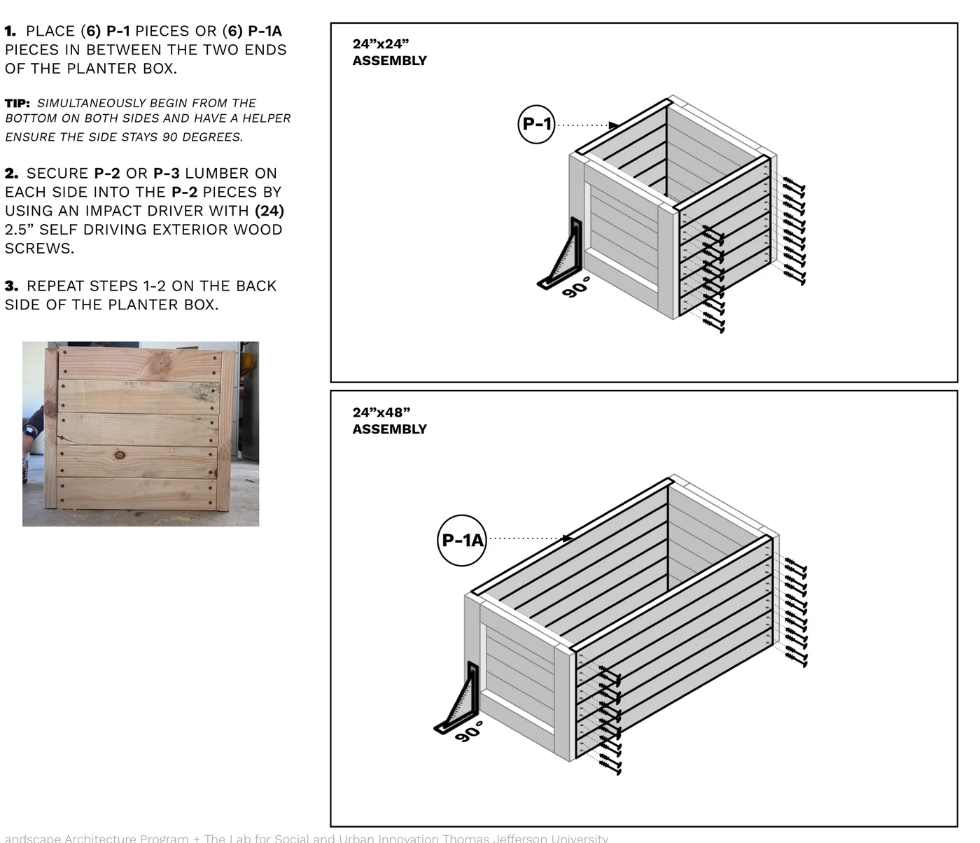 Diagram of P-1 or P-1A face boards connecting the two end frames to form the planter box walls.