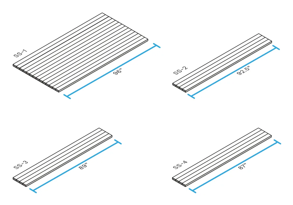 Isometric diagram of the shade structure's four cut pieces SS-1 through SS-4 with their lengths labeled, from a 96" board down to the roughly 87" interior braces.