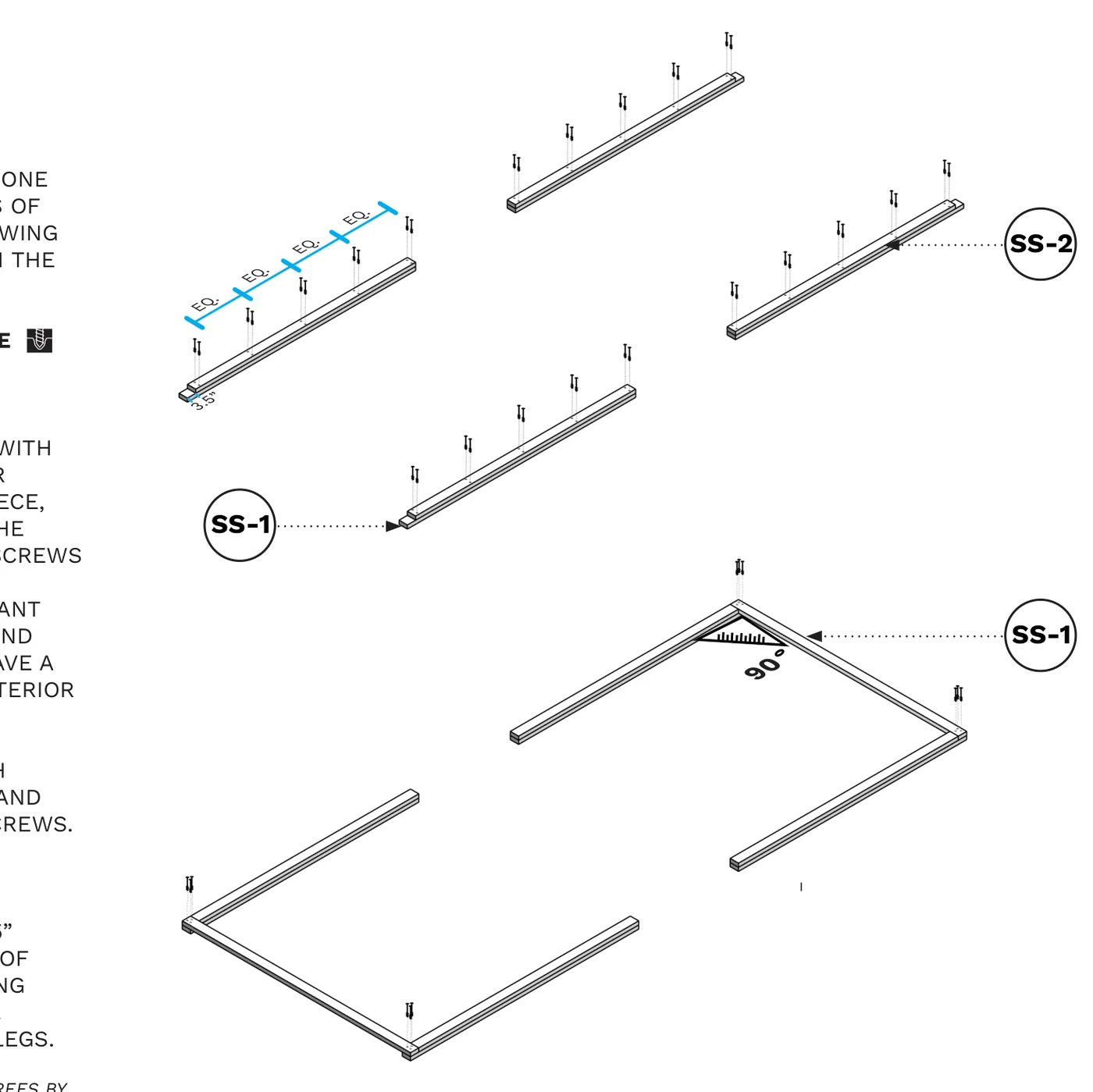 Diagram of an SS-2 and SS-1 board stacked with a 3.5" gap to form one trellis leg, with a top SS-1 cross-piece connecting two legs into a pair.
