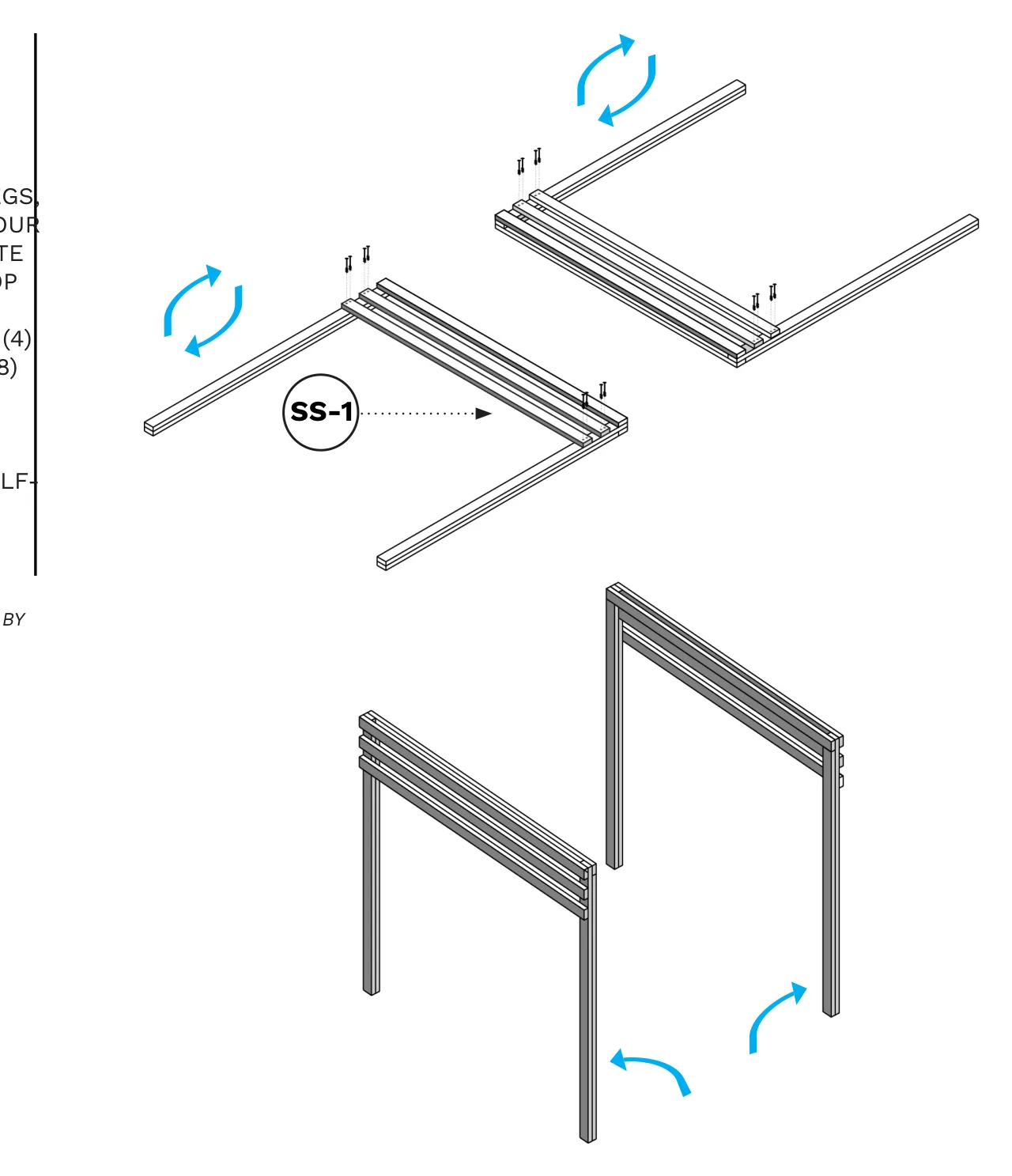 Diagram of SS-1 side braces being added below the top cross-piece on each leg pair, with a 3.5" spacer gap, then the leg pairs stood upright.
