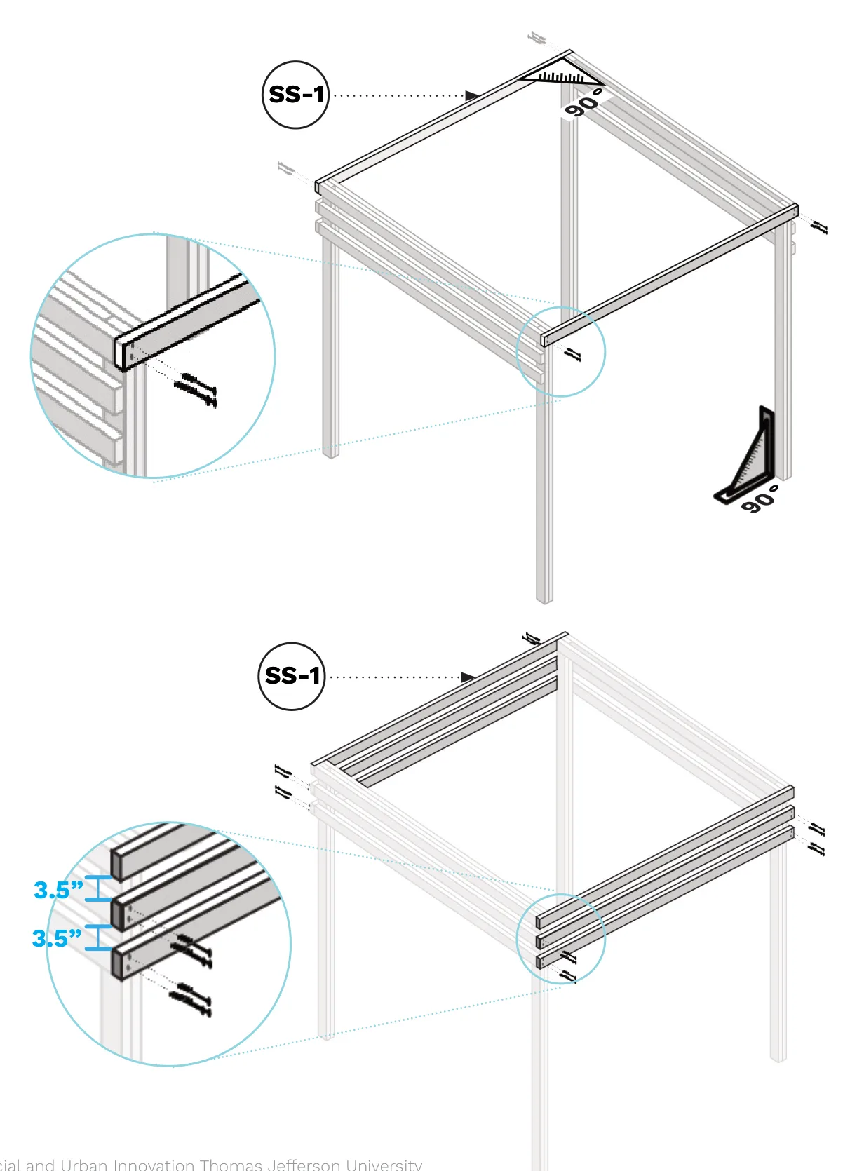 Diagram of SS-1 top cross beams connecting the two leg pairs at the top, and long SS-1 braces running along the sides below them.