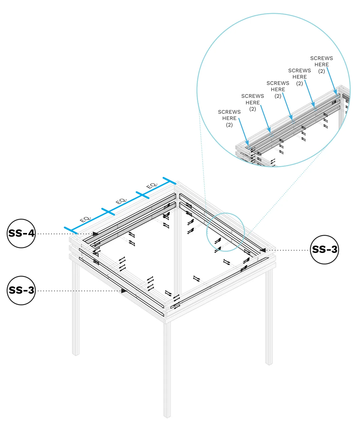 Diagram showing the SS-4 and SS-3 interior braces measured and cut to fit snugly between the posts, then screwed in pairs at equal intervals.