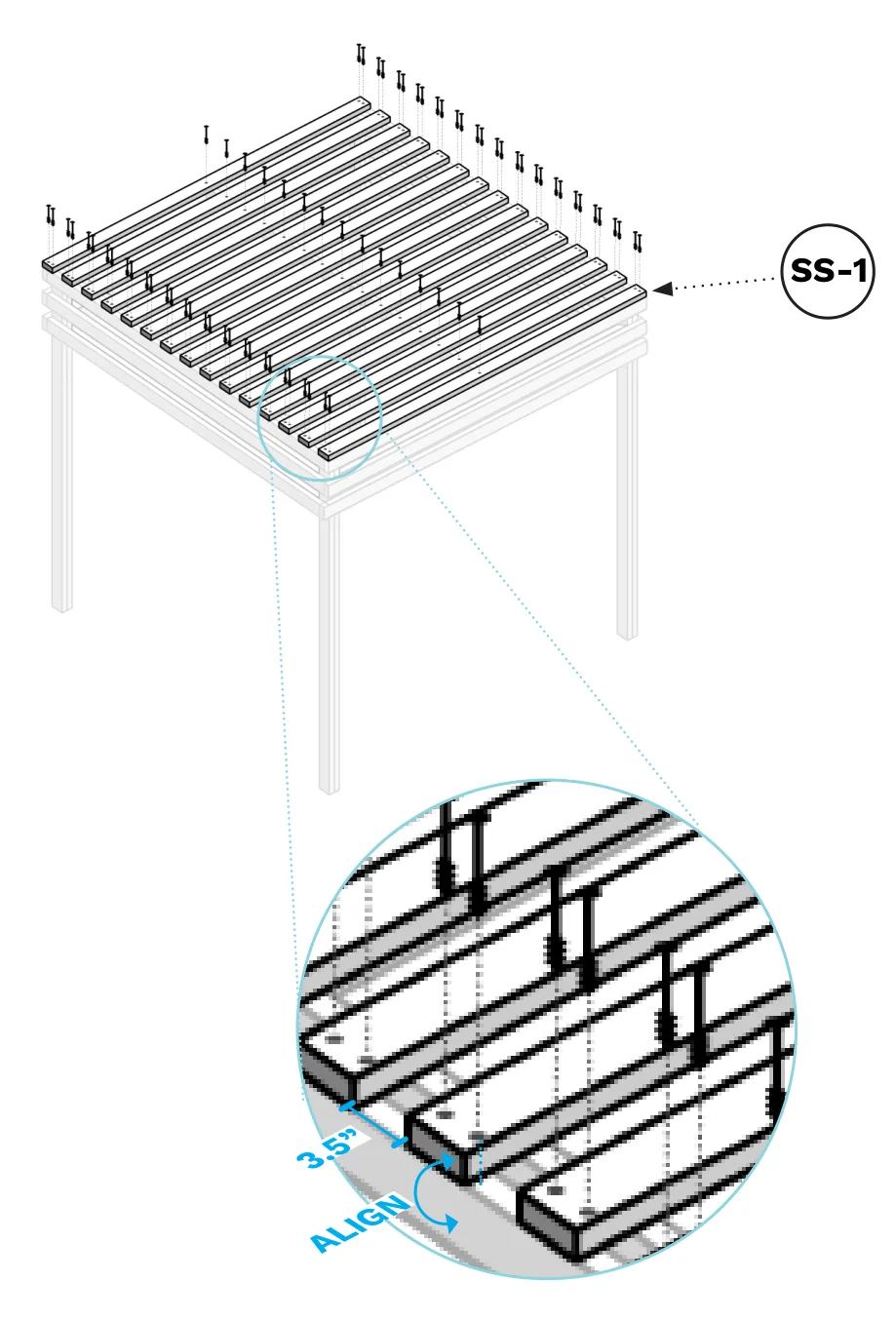 Diagram of SS-1 canopy boards being laid side by side across the top of the frame with a 2x4 spacer, screwed down from one side to the other.