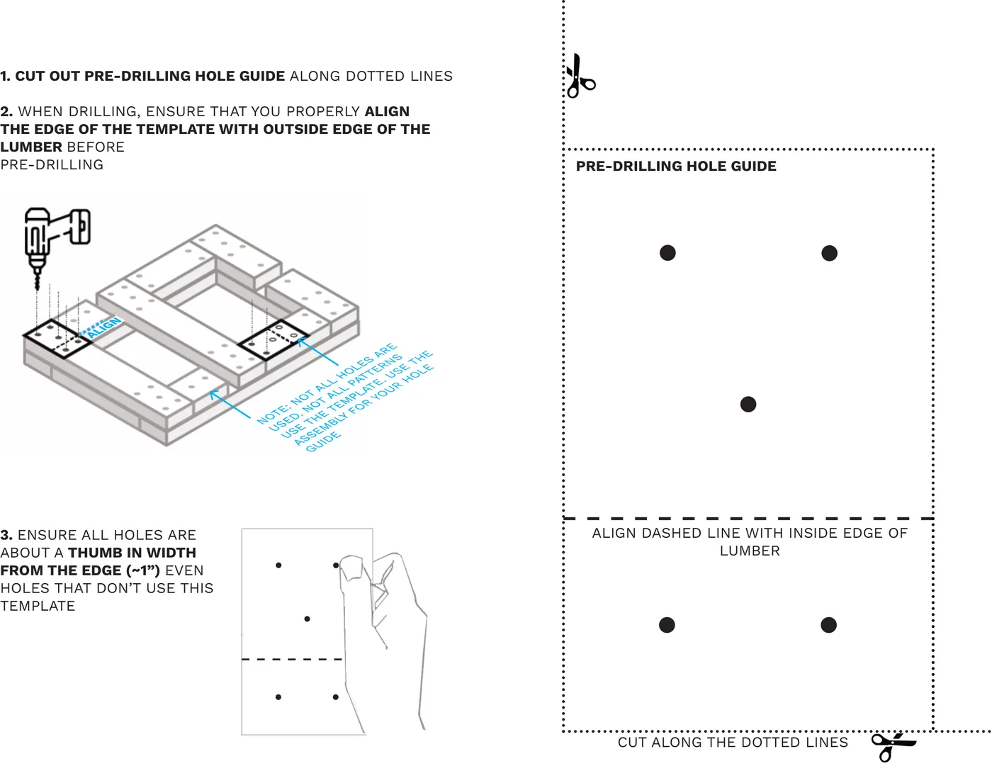 A printable pre-drilling hole guide template with five marked hole positions and cut lines, plus a close-up showing hole spacing from the board edge.