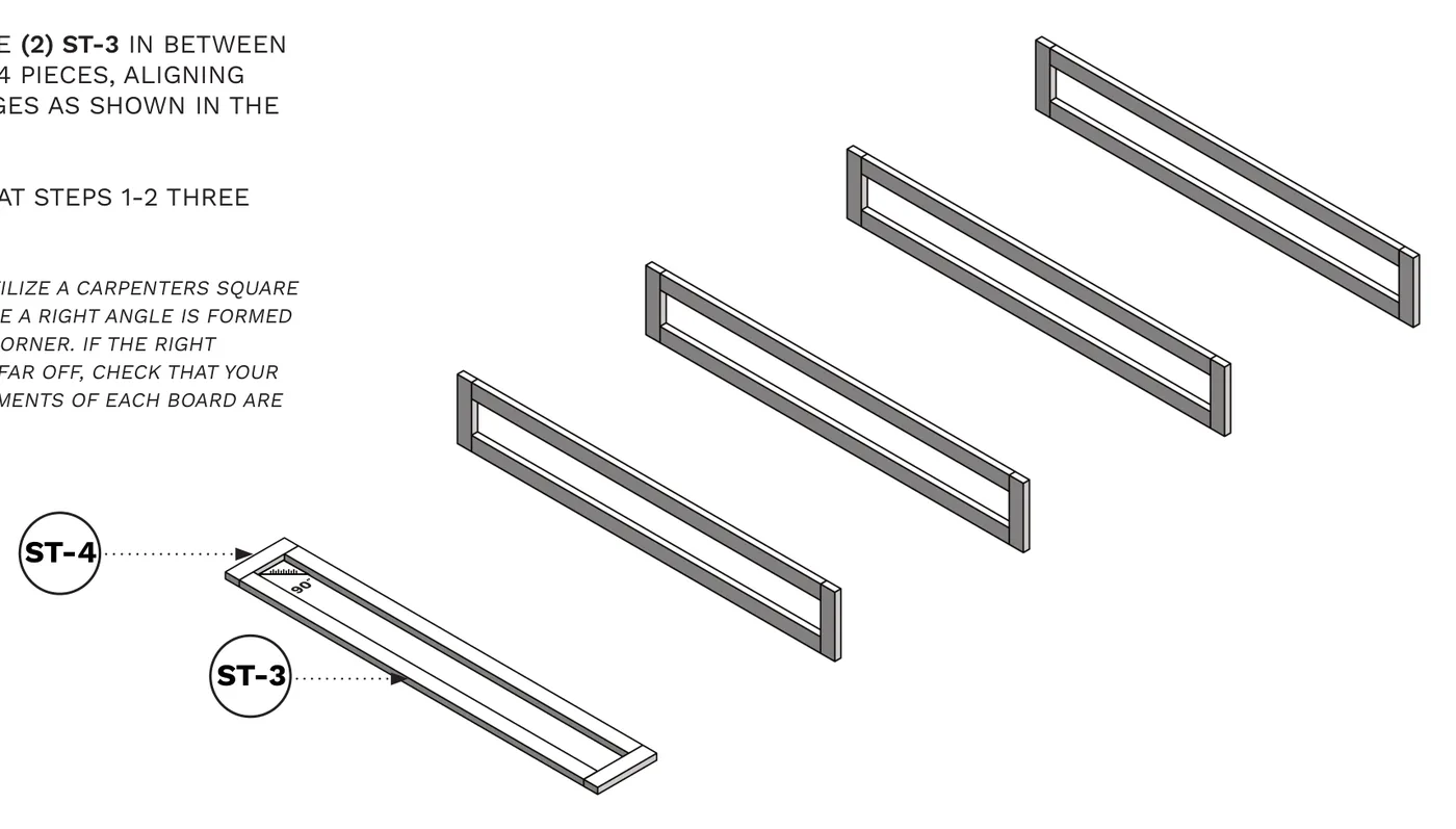 Diagram of two ST-4 and two ST-3 boards assembled into a small rectangular frame, repeated four times.