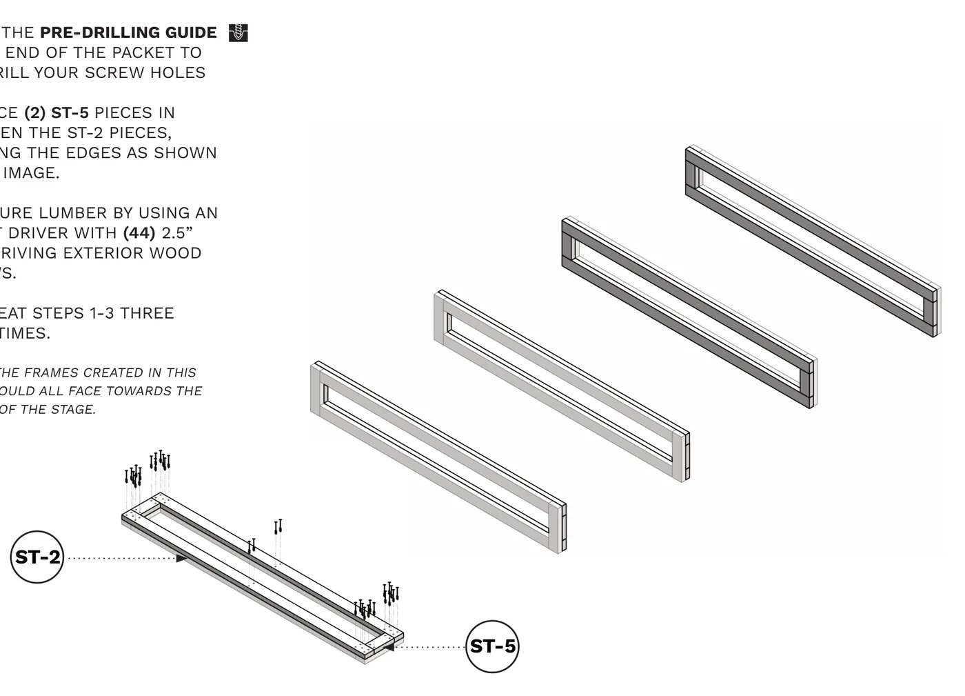 Diagram of ST-2 and ST-5 boards added on top of each small corner frame to build one of the stage's four section frames.