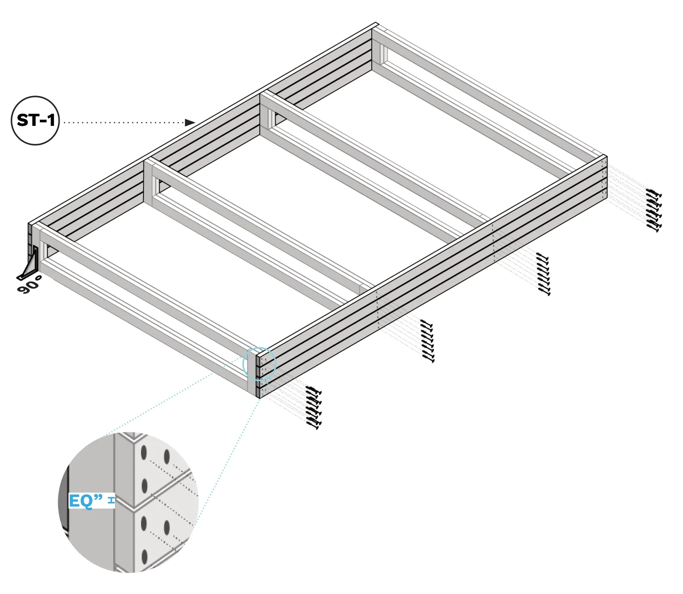 Diagram of ST-1 face boards being screwed onto the front and back of a section frame with a 1/4" gap between boards.