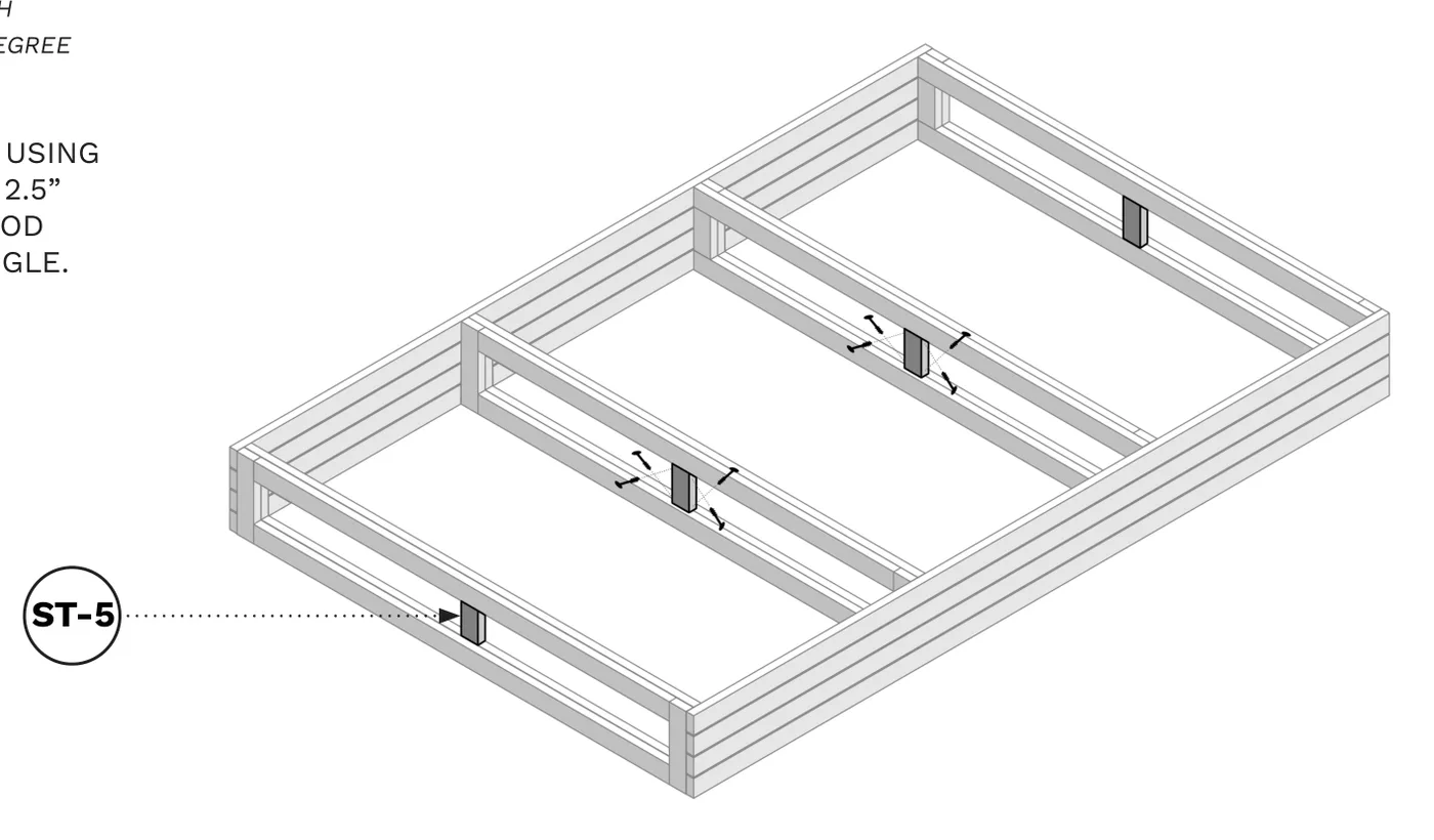Diagram of ST-5 braces being screwed in at the center and ends of the frame at a 45-degree angle.
