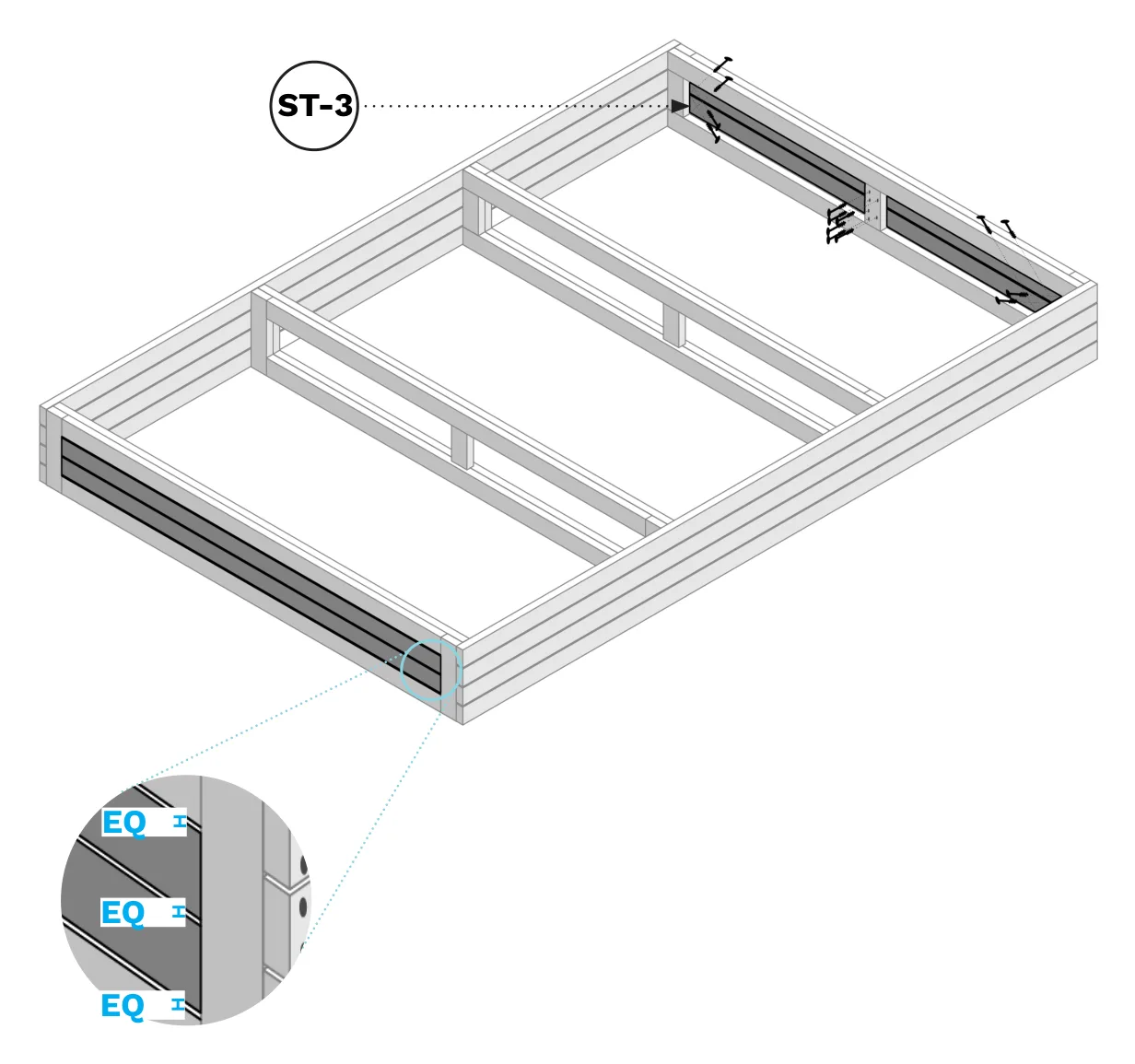 Diagram of ST-3 boards joining two section frames together with a 1/4" gap, screwed at a 45-degree angle.