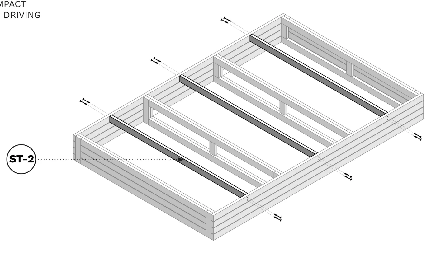 Diagram of three ST-2 boards connecting all four stage sections together, flush with the top of the frame.