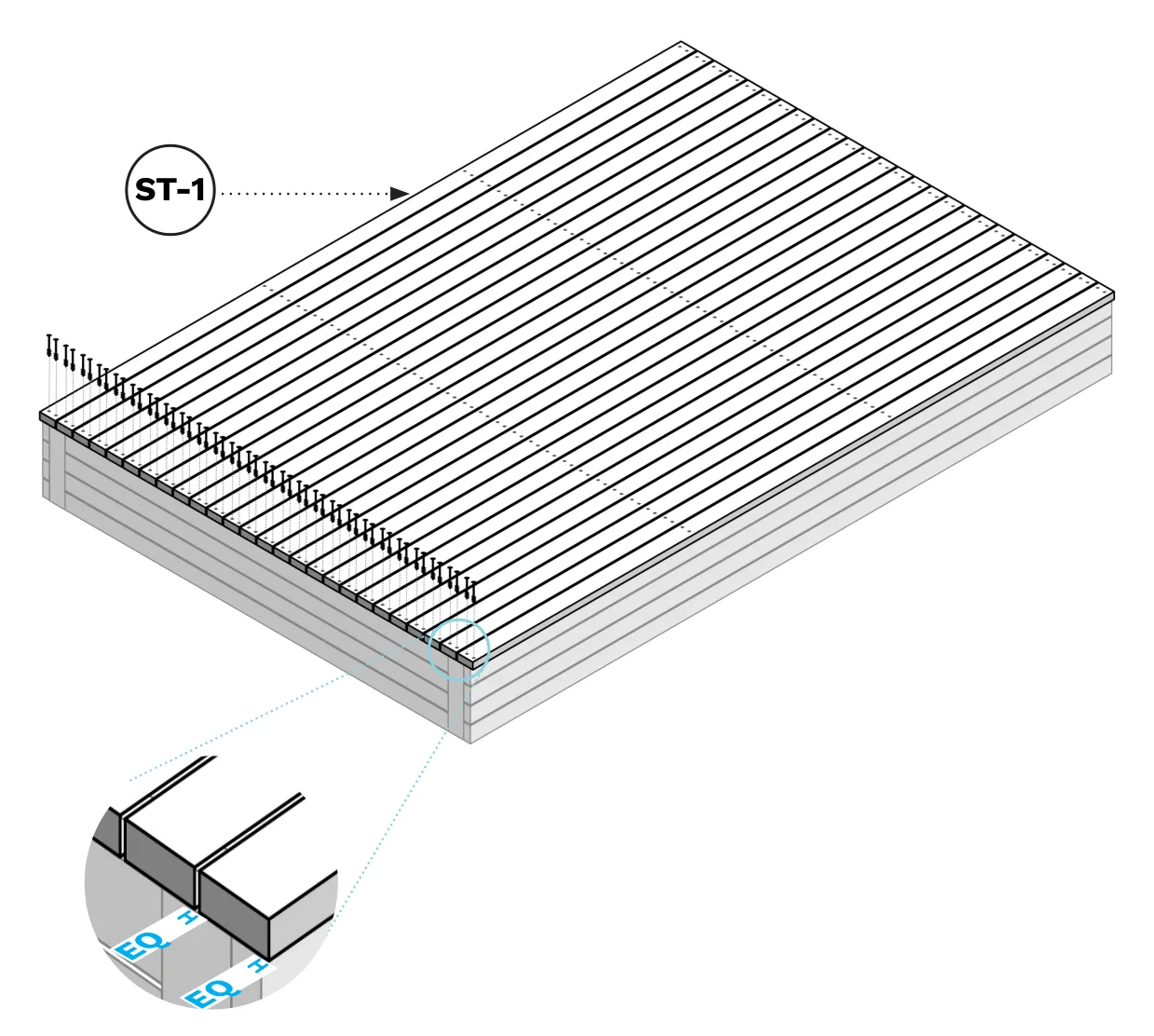 Diagram of ST-1 deck boards being laid with equal spacing across the top of the stage frame and screwed at each joist.