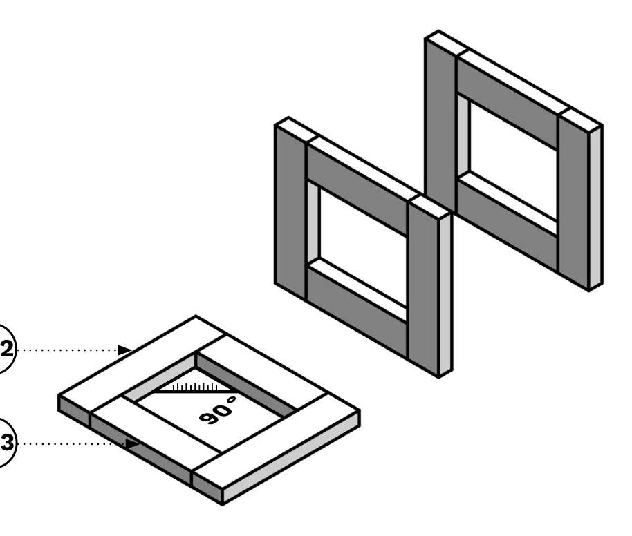 Diagram showing two S-2 and two S-3 boards assembled into a square frame, with a second frame shown complete behind it.
