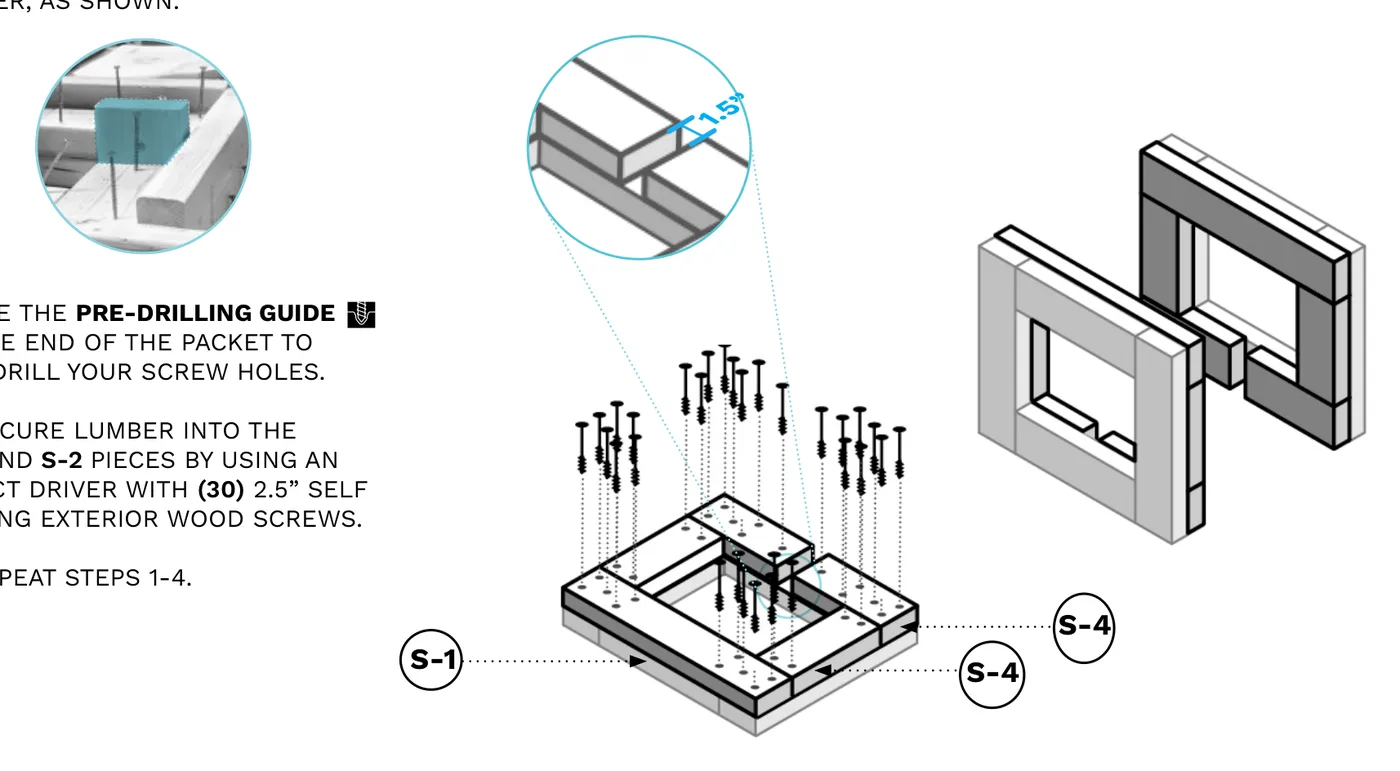 Diagram of S-1 and S-4 boards being screwed onto the top of the frame, with a 1.5" spacer gap called out.