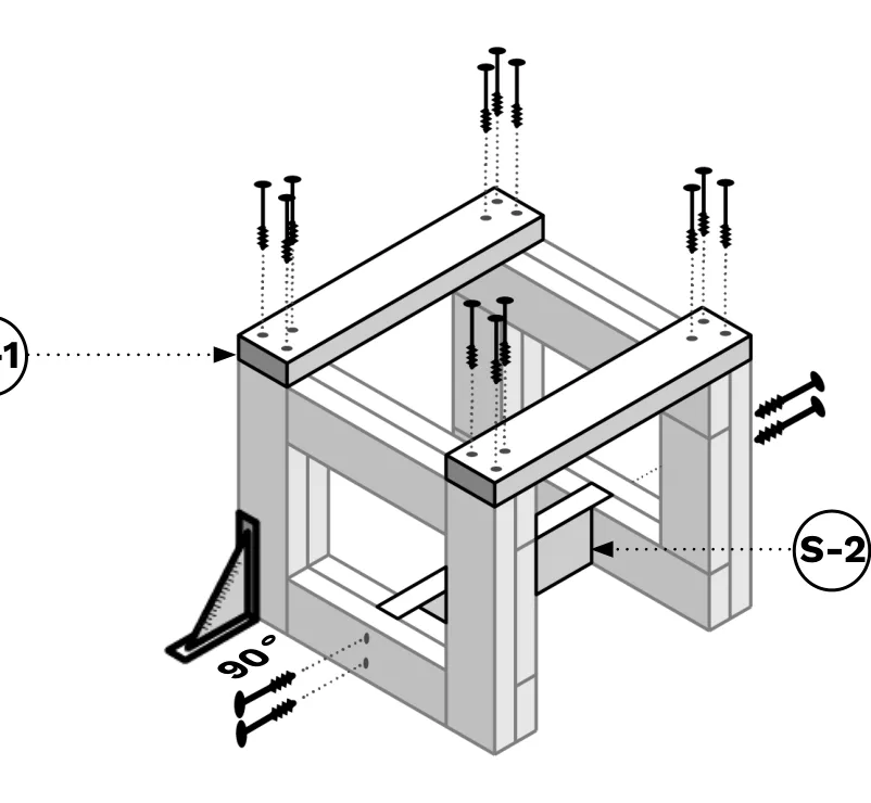 Diagram of an S-2 board connecting the two frames at the base, and S-1 end pieces being added on top.