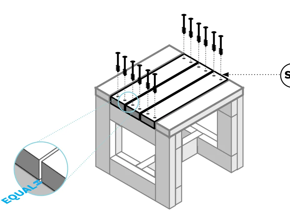 Diagram of the remaining S-1 top boards being spaced equally and screwed down across the stool frame.
