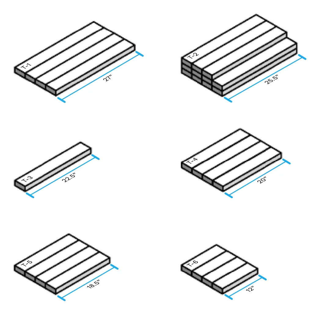Isometric diagram of the 2' table's six cut pieces T-1 through T-6 with their lengths labeled, from 27" boards down to 12" blocks.